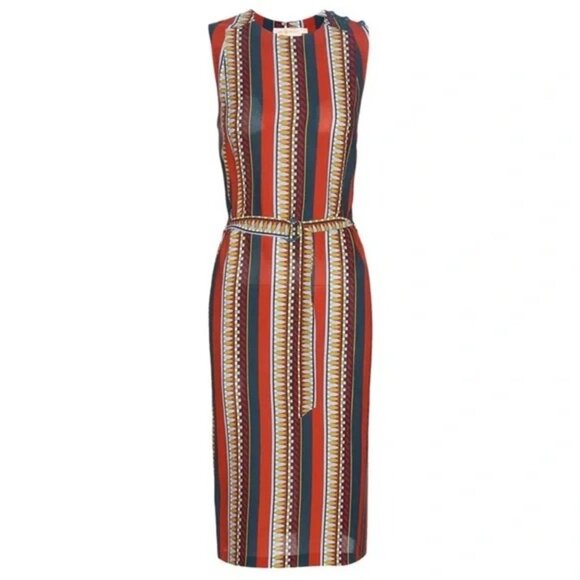 Tory Burch Julia Oceano Aztec Stripe Shoulder Button Detail Silk Dress Size 8 - Picture 2 of 10